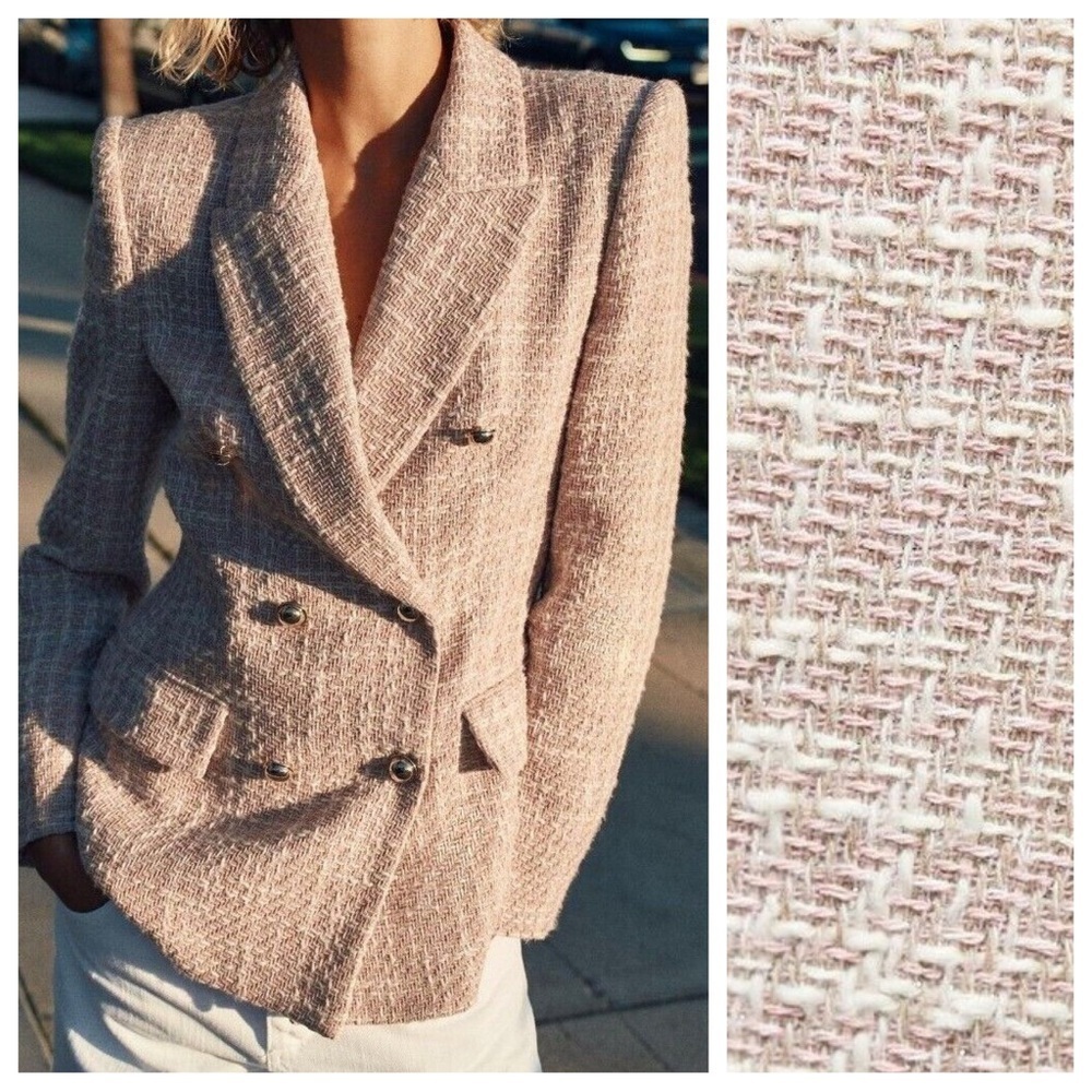 NWT. Zara Pink/White Textured Weave Double Breasted Jacket. Size M.